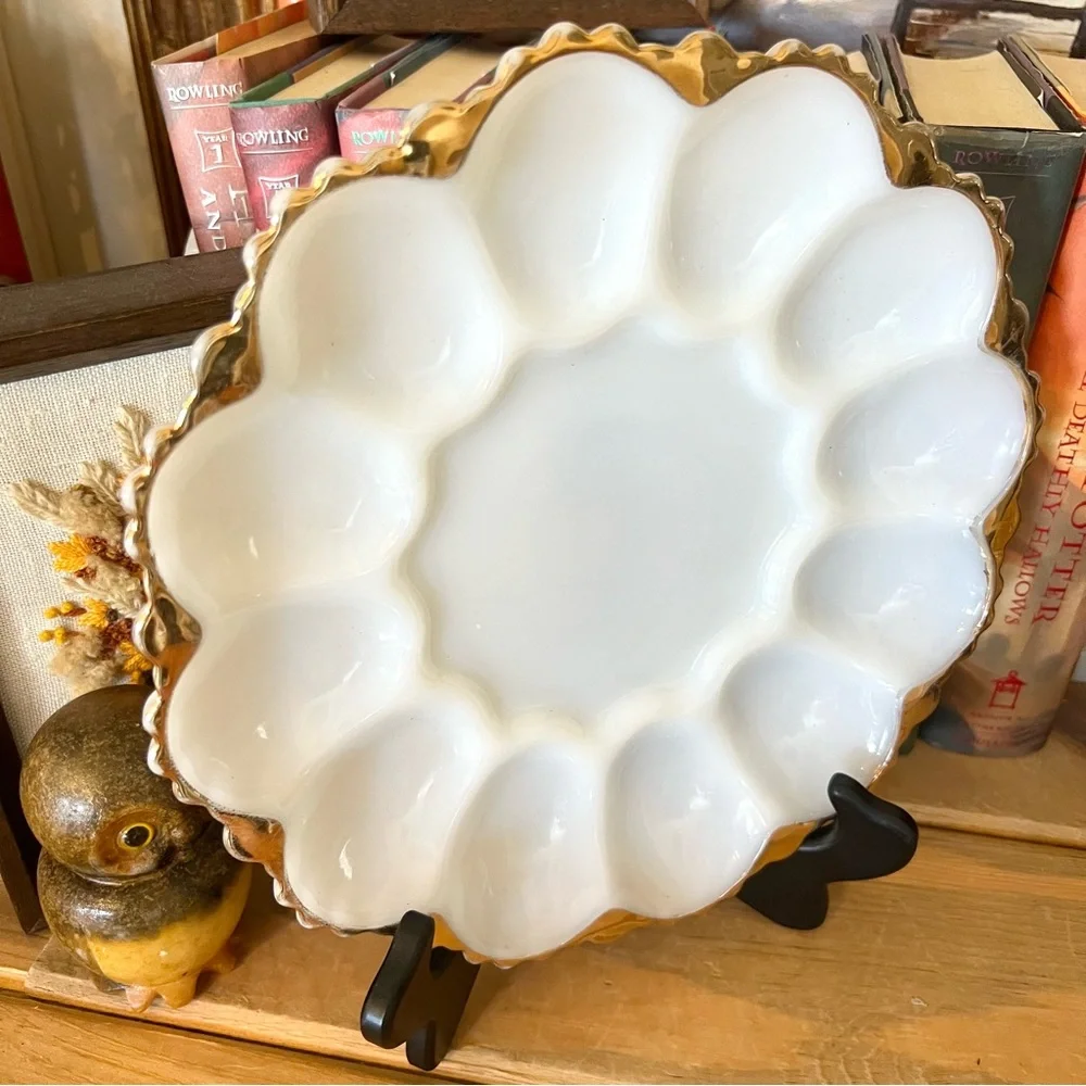Vintage Anchor Hocking Milk Glass Deviled Egg Divided Plate with Gold Rim 1950s